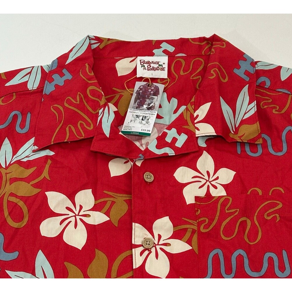 Barefoot In Paradise Mens Size L Hawaiian Button Down Red Flowers Shirt NWT